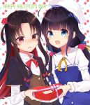  2girls :d bangs beret black_hair black_jacket black_skirt blue_dress blue_eyes blush bow bowtie box brown_hair brown_vest commentary_request dress eyebrows_visible_through_hair gift gift_box hair_bow hair_ribbon happy_valentine hat heart-shaped_box hinatsuru_ai holding holding_gift jacket long_hair long_sleeves looking_at_viewer low_twintails multicolored multicolored_hair multicolored_polka_dots multiple_girls open_mouth parted_lips polka_dot polka_dot_background puffy_short_sleeves puffy_sleeves red_bow red_eyes red_neckwear red_ribbon redhead ribbon ryuuou_no_oshigoto! school_uniform shiarisu shirt short_over_long_sleeves short_sleeves sidelocks skirt smile twintails two-tone_hair valentine very_long_hair vest white_hat white_shirt yashajin_ai yellow_neckwear 