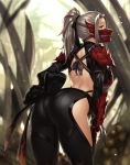  1girl arched_back armor ass back back_cutout bow breasts from_behind hair_bow hand_on_hip hand_on_own_thigh highres houtengeki knot large_breasts long_hair looking_at_viewer looking_back mask monster_hunter monster_hunter:_world odogaron_(armor) outdoors pauldrons ponytail silver_hair solo standing yellow_eyes 