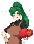  1girl absurdres apron blush breasts chocolate dotentity fire_emblem fire_emblem:_rekka_no_ken fire_emblem_heroes green_eyes green_hair high_ponytail highres long_hair looking_at_viewer lyndis_(fire_emblem) ponytail simple_background smile solo white_background 