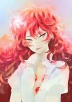  androgynous gem houseki_no_kuni long_hair looking_at_viewer open_clothes open_shirt padparadscha_(houseki_no_kuni) red_eyes redhead shirt smile solo sparkle upper_body wavy_hair 