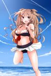  1girl absurdres beach bikini bikini_skirt black_ribbon blue_sky breasts brown_eyes fang hair_ornament hair_ribbon hairpin heterochromia highres kantai_collection light_brown_hair long_hair medium_breasts murasame_(kantai_collection) neve red_eyes remodel_(kantai_collection) ribbon sky solo standing standing_on_one_leg swimsuit two_side_up water 