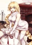  1girl absurdly_long_hair ahoge black_bow blonde_hair blue_eyes bow braid elbow_gloves enchuu eyebrows_visible_through_hair fate/apocrypha fate_(series) fingerless_gloves floating_hair gift_bag gloves hair_between_eyes hair_bow indoors jeanne_d&#039;arc_(fate) jeanne_d&#039;arc_(fate)_(all) leaning_forward long_hair low-tied_long_hair open_mouth ponytail single_braid solo standing sweater sweater_vest thigh-highs very_long_hair white_gloves white_legwear white_sweater 