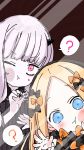  2girls :t ? abigail_williams_(fate/grand_order) against_glass bangs black_bow black_dress black_hat blonde_hair blue_eyes blush bow closed_mouth commentary_request dress eyebrows_visible_through_hair fate/grand_order fate_(series) forehead hair_bow hat highres horn lavinia_whateley_(fate/grand_order) long_sleeves multiple_girls one_eye_closed orange_bow parted_bangs pink_eyes polka_dot polka_dot_bow silver_hair sofra spoken_question_mark sweat 