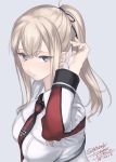  1girl 2018 alternate_hairstyle blonde_hair blue_eyes breasts collared_jacket dated graf_zeppelin_(kantai_collection) grey_background grey_jacket iron_cross jacket kantai_collection large_breasts long_hair long_sleeves looking_at_viewer necktie ponytail red_neckwear rokuwata_tomoe sidelocks simple_background solo twitter_username upper_body 
