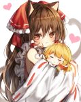  2girls :3 =_= animal_ears bare_shoulders blonde_hair blush bow braid brown_eyes brown_hair cat_ears cat_tail chibi commentary_request detached_sleeves eyebrows_visible_through_hair frills hair_between_eyes hair_bow hair_tubes hakurei_reimu heart hug kemonomimi_mode kirisame_marisa long_hair long_sleeves looking_at_viewer multiple_girls neck_bow piyokichi red_bow simple_background single_braid smile tail touhou upper_body white_background white_bow white_neckwear wide_sleeves 