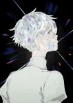  androgynous antarcticite blue_eyes broken gem gem_uniform_(houseki_no_kuni) houseki_no_kuni looking_at_viewer looking_back short_hair silver_hair solo sparkle upper_body white_hair 