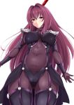  1girl absurdres arikawa_rui bodysuit breasts covered_navel fate/grand_order fate_(series) gae_bolg gloves highres large_breasts light_smile long_hair looking_at_viewer pauldrons purple_hair red_eyes scathach_(fate/grand_order) simple_background solo white_background 