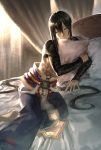  1boy bandage bed black_hair commentary_request curtains fate/grand_order fate_(series) hair_between_eyes highres holding holding_pillow hutagi_rouka long_hair looking_at_viewer male_focus on_bed pillow ponytail shirtless solo very_long_hair yan_qing_(fate/grand_order) yellow_eyes 
