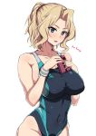  1girl black_swimsuit blonde_hair blue_eyes box breasts competition_swimsuit cowboy_shot girls_und_panzer kay_(girls_und_panzer) large_breasts long_hair mordeth one-piece_swimsuit ponytail simple_background solo swimsuit white_background wristband 