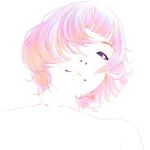  1girl black_eyes close-up face from_below hair_over_one_eye highres ilya_kuvshinov looking_at_viewer multicolored_hair original out-of-frame_censoring short_hair simple_background smile solo topless 