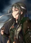  1girl alternate_hairstyle armor coat flight_deck gloves green_eyes grey_hair headband japanese_armor japanese_clothes juurouta kantai_collection light_smile long_hair muneate partly_fingerless_gloves solo yugake zuikaku_(kantai_collection) 