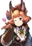  1girl animal_ears arm_at_side bangs blown_kiss blurry bow bowtie breasts brown_eyes brown_gloves cape cleavage depth_of_field diamond_(shape) elbow_gloves erun_(granblue_fantasy) eyebrows eyelashes facing_away gloves granblue_fantasy green_bow green_cape green_neckwear hand_up heart high_ponytail hood hood_down hooded_cape karuteira looking_away one_eye_closed orange_hair parted_lips reiesu_(reis) short_hair simple_background small_breasts solo upper_body white_background 