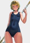  1girl blonde_hair blue_eyes blue_hair blue_swimsuit blush competition_swimsuit embarrassed fire_emblem fire_emblem_heroes fjorm_(fire_emblem_heroes) gradient_hair lasterk multicolored_hair one-piece_swimsuit polearm school_swimsuit short_hair solo swimsuit weapon 
