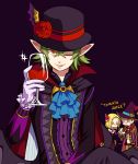  1girl 2boys bat_wings blonde_hair cape cupping_glass elaine fairy fang flower gloves green_hair halloween_costume hat helbram king_(nanatsu_no_taizai) kusakari long_sleeves looking_at_viewer multiple_boys nanatsu_no_taizai one_eye_closed pointy_ears purple_background red_flower red_rose rose sitting tomato_juice vampire white_gloves wings witch_hat yellow_eyes 