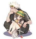  1boy 1girl barefoot black_hair blush braid covering_mouth eyewear_on_head feet full_body guzma_(pokemon) handheld_game_console hat mizuki_(pokemon_ultra_sm) nintendo_3ds open_clothes pants playing_games poke_ball pokemon pokemon_(game) pokemon_ultra_sm shoes short_sleeves shorts sitting sitting_on_lap sitting_on_person smile sneakers sun_hat sweatdrop tank_top team_skull track_pants white_hair zuizi 