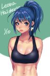  1girl abs arms_behind_back blue_eyes blue_hair breasts character_name cleavage earrings hifumi_(art_sky_littel) jewelry large_breasts leona_heidern medium_hair navel ponytail solo the_king_of_fighters 