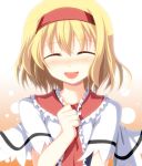  1girl ^_^ alice_margatroid arm_up bent_elbow blonde_hair blush capelet clenched_hand closed_eyes hairband kinagi_yuu multicolored multicolored_background open_mouth red_hairband short_hair smile solo touhou upper_body 