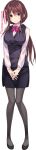  1girl absurdres bow brown_eyes brown_hair business_suit formal full_body hair_ornament hairclip highres long_image oryou pantyhose shoes skirt solo suit tall_image transparent_background 
