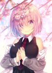  1girl bangs bare_shoulders black_dress blush breasts bright_pupils cherry_blossoms closed_mouth collared_dress day dress eyebrows_visible_through_hair eyes_visible_through_hair fate/grand_order fate_(series) grey_jacket head_tilt jacket kokusan_moyashi large_breasts long_sleeves looking_at_viewer mash_kyrielight necktie off_shoulder open_clothes open_jacket outdoors petals red_neckwear shiny shiny_hair smile solo spring_(season) standing tree_branch upper_body wing_collar 