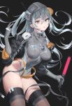  1girl black_jacket black_legwear breasts cowboy_shot dog_tags glowstick gradient_hair grey_hair grey_leotard guihuo_inferno highres jacket leaning_forward leotard medium_breasts multicolored_hair original skin_tight solo standing thigh-highs turtleneck yellow_eyes 