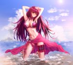 1girl arms_behind_head barefoot bikini breasts cleavage fate/grand_order fate_(series) flower hair_flower hair_ornament kneeling knife large_breasts long_hair ocean partially_submerged purple_bikini purple_hair purple_sarong red_eyes scathach_(fate/grand_order) scathach_(swimsuit_assassin)_(fate) side-tie_bikini solo swimsuit thigh_strap throwing_knife weapon yuzuriha 