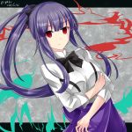  1girl asagami_fujino bangs black_neckwear bow bowtie breasts commentary_request dated dutch_angle eyebrows_visible_through_hair fate/grand_order fate_(series) hair_between_eyes hebitsukai-san highres kara_no_kyoukai long_hair long_sleeves looking_at_viewer medium_breasts ponytail purple_hair purple_skirt red_eyes shirt sidelocks skirt solo twitter_username very_long_hair white_shirt 