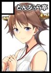  1girl brown_hair circle_cut flipped_hair hiei_(kantai_collection) kantai_collection looking_at_viewer nontraditional_miko saemon_(tonpura) short_hair simple_background sleeveless smile solo violet_eyes white_background 