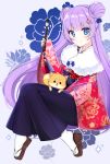  1girl 2018 animal black_skirt blue_background blue_bow blue_eyes blush bow brown_footwear calligraphy_brush closed_mouth commentary dog double_bun fingernails floral_print flower fur_collar hair_bow hair_ornament highres holding_paintbrush japanese_clothes kimono long_sleeves looking_at_viewer mamel_27 nail_polish obi original paintbrush pink_nails pleated_skirt print_kimono red_flower red_kimono red_rose rose sash side_bun sidelocks sitting skirt sleeves_past_wrists smile socks solo sparkle tabi white_legwear wide_sleeves year_of_the_dog zouri 