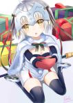  1girl absurdres black_legwear box breasts capelet cleavage eric_(pixiv9123557) fate/grand_order fate_(series) full_body fur_trim gift gift_box hair_ribbon head_tilt highres jeanne_d&#039;arc_(fate)_(all) jeanne_d&#039;arc_alter_santa_lily long_hair looking_at_viewer merry_christmas neck_ribbon open_mouth ponytail ribbon shiny shiny_clothes signature silver_hair sitting small_breasts solo striped striped_ribbon thigh-highs wariza white_background yellow_eyes zettai_ryouiki 