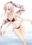  1girl bikini black_bikini black_ribbon brown_eyes feet_out_of_frame hair_flaps hair_ribbon hazuki_futahi kantai_collection long_hair pink_hair ponytail ribbon running side-tie_bikini side_ponytail solo swimsuit thigh_gap very_long_hair yura_(kantai_collection) 