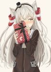  1girl amatsukaze_(kantai_collection) blush box brown_dress brown_eyes covering_face dress gift gift_box hair_tubes highres holding holding_gift kantai_collection long_hair looking_away remil silver_hair simple_background solo valentine white_background 