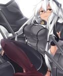  1girl absurdres black_gloves boots breasts brown_eyes buttons dark_skin fingerless_gloves garter_straps glasses gloves grey_jacket grey_legwear headgear highres impossible_clothes jacket kantai_collection kiritto large_breasts long_hair looking_at_viewer musashi_(kantai_collection) remodel_(kantai_collection) rigging silver_hair simple_background smirk solo thigh-highs thigh_boots turret white_background 