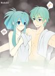  1boy 1girl aqua_hair blue_eyes blue_hair blush brother_and_sister eirika ephraim fire_emblem fire_emblem:_seima_no_kouseki fire_emblem_heroes green_hair ijiro_suika long_hair nude onsen short_hair siblings smile towel water 