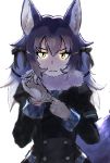  1girl animal_ears aranagi_(arng_4401) bow dire_wolf_(kemono_friends) eyebrows_visible_through_hair fur_collar gloves glowing glowing_eyes hair_bow highres kemono_friends multicolored_hair necktie plaid_trim solo tail v-shaped_eyebrows wolf_ears wolf_tail yellow_eyes 