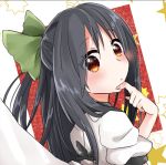  1girl abe_suke bangs black_hair bow brown_eyes eyebrows_visible_through_hair finger_to_chin from_side green_bow hair_bow long_hair looking_at_viewer lowres reiuji_utsuho short_sleeves solo touhou upper_body 
