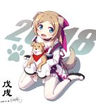  1girl 2018 :d animal animal_ears bandanna bangs black_footwear blue_eyes blush bone_hair_ornament chinese_new_year commentary_request dated dog dog_ears dog_girl dog_tail eyebrows_visible_through_hair fang fur_collar hair_ribbon highres holding holding_animal holding_dog japanese_clothes kimono langbazi light_brown_hair long_hair long_sleeves looking_at_viewer new_year open_mouth original pantyhose parted_bangs purple_ribbon red_bandana ribbon signature sitting sleeves_past_fingers sleeves_past_wrists smile solo tail tongue tongue_out translated very_long_hair wariza white_background white_kimono white_legwear 