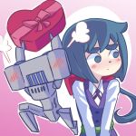  1girl arms_up blue_eyes blue_hair bow constanze_amalie_von_braunschbank-albrechtsberger embarrassed hair_bow happy heart little_witch_academia long_sleeves looking_away low_ponytail orange_peel_(artist) pink_background red_bow robot school_uniform simple_background solo thick_eyebrows 