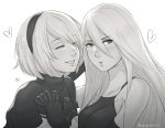  2girls blush breast_press breasts eyebrows_visible_through_hair gloves grin hair_between_eyes hair_over_one_eye hairband hand_holding heart interlocked_fingers koyorin long_hair mole mole_under_mouth multiple_girls nier_(series) nier_automata short_hair sketch smile valentine yorha_no._2_type_b yorha_type_a_no._2 yuri 