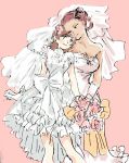  2girls alternate_hairstyle bare_shoulders bouquet bridal_veil bride brown_hair couple devilman devilman_crybaby dress flower gloves hair_flower hair_ornament hand_on_another&#039;s_shoulder kuroda_miki makimura_miki multiple_girls pink_background redhead simple_background sketch strapless strapless_dress tamiko_(tinkasu0421) veil wedding_dress white_dress white_gloves wife_and_wife yuri 