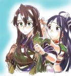  2girls adjusting_headwear ahoge alternate_hair_color black_hair brown_hair closed_mouth commentary_request frown green_eyes hachimaki hair_between_eyes hair_down hair_over_shoulder hair_ribbon headband high_ponytail japanese_clothes jinbaori kantai_collection katsuragi_(kantai_collection) kimono long_hair multiple_girls muneate remodel_(kantai_collection) ribbon sagamiso short_sleeves white_headband white_ribbon zuikaku_(kantai_collection) 