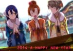  &gt;_&lt; 3girls alpha_(smashbox) bangs blue_hair closed_eyes commentary_request floral_print flower grey_hair hair_between_eyes hair_bun hair_flower hair_ornament hands_clasped hands_together highres japanese_clothes kimono kousaka_honoka long_hair long_sleeves looking_at_another love_live! love_live!_school_idol_festival love_live!_school_idol_project minami_kotori multiple_girls new_year one_eye_closed one_side_up open_mouth orange_hair own_hands_together praying smile sonoda_umi wide_sleeves yellow_eyes 