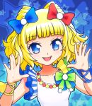  1girl :d bangs bare_shoulders blonde_hair blue_background blue_bow blue_eyes blunt_bangs blush bow breasts eyebrows eyebrows_visible_through_hair eyelashes facing_away green_bow hair_bow hands_up highres looking_at_viewer minami_mirei official_style open_mouth pripara red_bow reiesu_(reis) shirt short_hair small_breasts smile solo star starry_background tank_top tongue two_side_up upper_body white_shirt wrist_bow wristband yellow_bow 