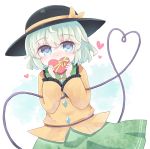  1girl black_hat blue_hair blush bow buttons collar collared_shirt commentary_request cowboy_shot diamond frilled_collar frills gift green_hair green_skirt hat hat_bow heart heart-shaped_pupils heart_of_string holding holding_gift kibisake komeiji_koishi long_sleeves shirt short_hair skirt solo symbol-shaped_pupils touhou valentine wide_sleeves yellow_bow yellow_shirt 