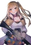  1girl bangs bare_shoulders black_panties blush breasts brown_eyes brown_hair brown_legwear cleavage collar collarbone commentary_request confetti eyebrows_visible_through_hair fingerless_gloves girls_frontline gloves gun hair_ornament hairclip hanato_(seonoaiko) head_tilt holding holding_gun holding_weapon k-2_(girls_frontline) light_particles long_hair looking_at_viewer medium_breasts miniskirt off_shoulder one_side_up open_mouth panties pantyhose simple_background skirt smile solo trigger_discipline twitter_username underwear weapon white_background 