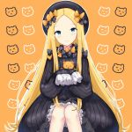  1girl abigail_williams_(fate/grand_order) bangs black_bow black_dress black_hat blonde_hair bloomers blue_eyes blush bow brown_background butterfly closed_mouth commentary_request dress eyebrows_visible_through_hair fate/grand_order fate_(series) forehead hair_bow hat head_tilt long_hair long_sleeves looking_at_viewer object_hug orange_bow parted_bangs polka_dot polka_dot_bow rocm_(nkkf3785) sleeves_past_fingers sleeves_past_wrists smile solo stuffed_animal stuffed_toy teddy_bear underwear very_long_hair white_bloomers 