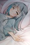  1girl bangs bed blush brown_eyes closed_mouth collarbone comah commentary_request eyebrows_visible_through_hair fingernails grey_hair hair_down kantai_collection kasumi_(kantai_collection) long_hair long_sleeves looking_at_viewer looking_to_the_side lying on_back pillow solo under_covers wavy_mouth wide_sleeves 