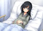    1girl asashio_(kantai_collection) bangs bed black_hair black_sailor_collar blanket blue_eyes blush closed_mouth curtains eyebrows_visible_through_hair grey_shirt habara_meguru hands_on_own_stomach hospital_bed jewelry kantai_collection long_hair long_sleeves looking_at_viewer on_bed pillow pregnant ring sailor_collar shirt smile solo under_covers wedding_band 