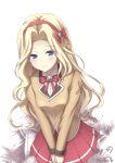  1girl 47_(479992103) bangs blonde_hair blue_eyes closed_mouth cygnus_(maplestory) hair_ornament highres long_hair maplestory nose school_uniform shirt skirt solo 