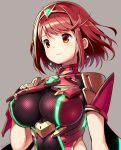  1girl blush breasts earrings hair_ornament highres pyra_(xenoblade) iinuma_toshinori jewelry large_breasts red_eyes redhead short_hair simple_background smile solo tiara white_background xenoblade xenoblade_2 