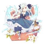 1girl bandaid blue_dress blue_legwear bow dress first_aid_kit flower full_body gauze hachimitsu_monte hair_bow hat holding_lantern lantern lily_(flower) long_hair looking_at_viewer original red_eyes scissors solo thigh-highs twintails very_long_hair water white_hair white_hat 